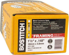 Stanley Bostitch - 10 Gauge 0.148" Shank Diam 1-1/2" Long Metal Connecting Nails for Power Nailers - Steel, Galvanized Finish, Smooth Shank, Angled Stick Paper Tape Collation, Round Head, Diamond Point - Top Tool & Supply