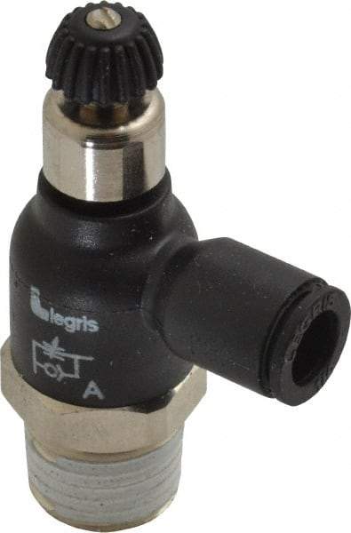 Legris - 1/4" Tube OD x 1/4 Male NPT Compact Meter Out Flow Control Valve - 14.5 to 145 psi, Nylon - Top Tool & Supply