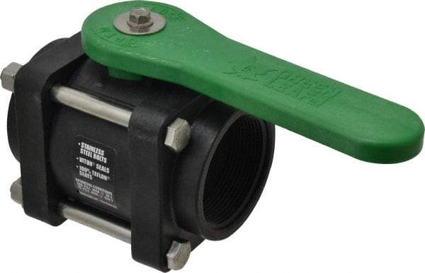 Green Leaf - 2" Pipe, Standard Port, Polypropylene Standard Ball Valve - 3 Piece, Inline - One Way Flow, FNPT x FNPT Ends, Lever Handle, 150 WOG - Top Tool & Supply