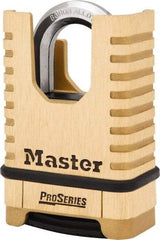 Master Lock - 2-1/4" Body Width x 3-1/2" Body Height, 1-1/16" Shackle Clearance, Brass Finish Combination Lock - 3/8" Shackle Diam, 15/16" Shackle Width, Set Your Own 4 Digit Combination - Top Tool & Supply