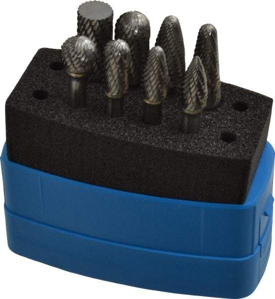 Made in USA - 8 Piece, 1/4" Shank Burr Set - Solid Carbide, Multiple Head Shapes, 14° Included Angle - Top Tool & Supply