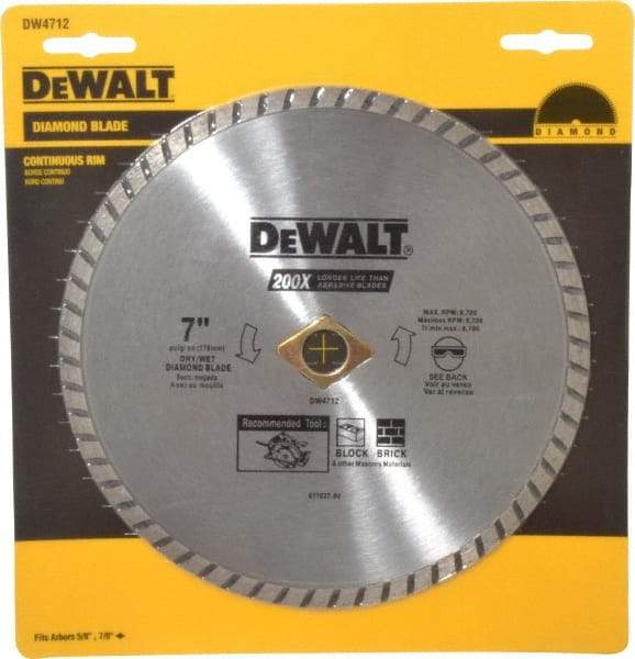 DeWALT - 7" Diam, 5/8" Arbor Hole Diam, Wet & Dry Cut Saw Blade - Diamond-Tipped, Standard Round Arbor - Top Tool & Supply