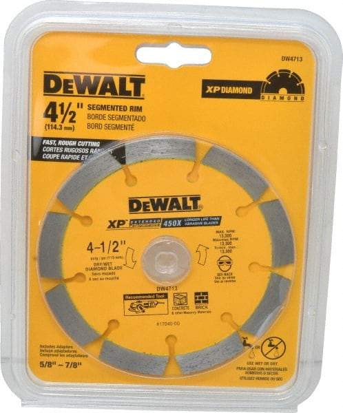 DeWALT - 4-1/2" Diam, 7/8" Arbor Hole Diam, Wet & Dry Cut Saw Blade - Diamond-Tipped, Standard Round Arbor - Top Tool & Supply