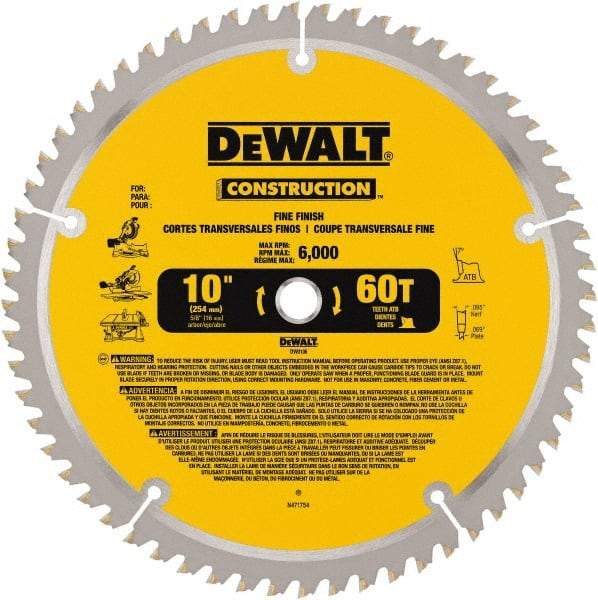 DeWALT - 10" Diam, 5/8" Arbor Hole Diam, 60 Tooth Wet & Dry Cut Saw Blade - Carbide-Tipped, Fine Finishing Action, Standard Round Arbor - Top Tool & Supply