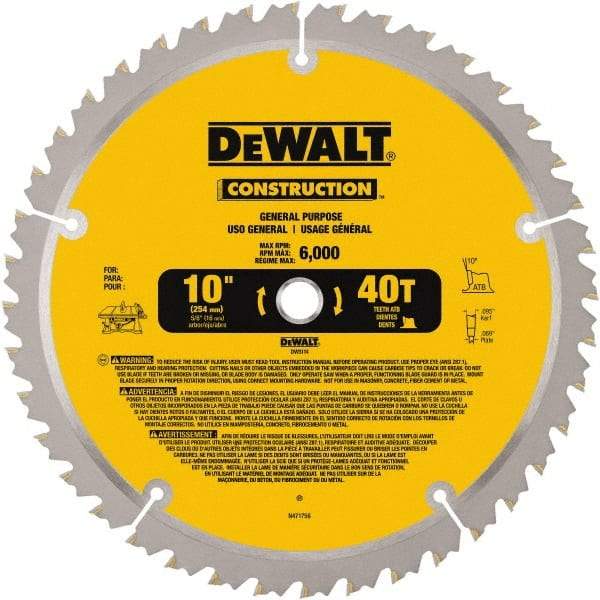 DeWALT - 10" Diam, 5/8" Arbor Hole Diam, 40 Tooth Wet & Dry Cut Saw Blade - Carbide-Tipped, General Purpose Action, Standard Round Arbor - Top Tool & Supply