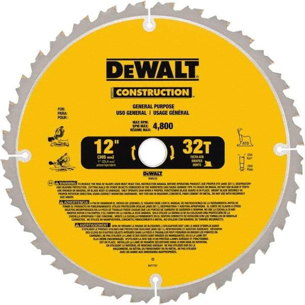 DeWALT - 12" Diam, 1" Arbor Hole Diam, 32 Tooth Wet & Dry Cut Saw Blade - Carbide-Tipped, General Purpose Action, Standard Round Arbor - Top Tool & Supply