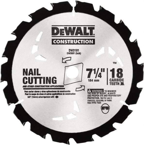 DeWALT - 7-1/4" Diam, 18 Tooth Wet & Dry Cut Saw Blade - Carbide-Tipped, Standard Round Arbor - Top Tool & Supply