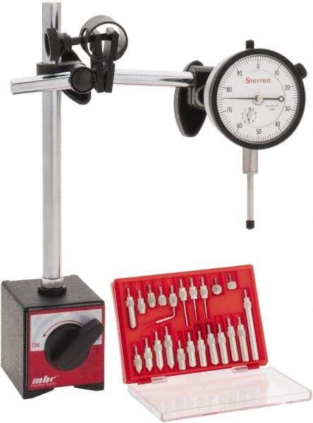 Starrett - 0.001" Graduation, 1" Max Meas, 0-100 Dial Reading, Dial Indicator & Base Kit - 0.001" Resolution, 63mm Base Length x 50mm Base Width x 55mm Base Height - Top Tool & Supply