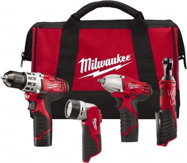 Milwaukee Tool - 12 Volt Cordless Tool Combination Kit - Includes 3/8" Square Drive Impact Wrench, 3/8" Drill/Driver, Work Light & 1/4" Ratchet, Lithium-Ion Battery Included - Top Tool & Supply