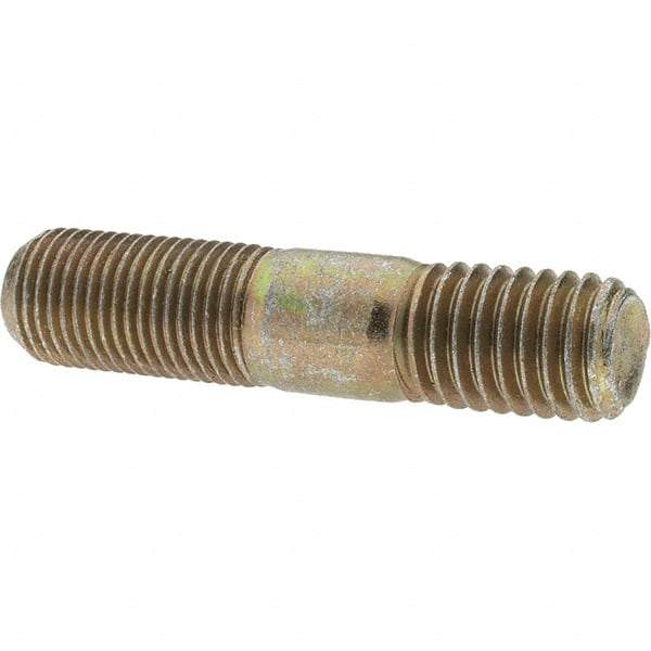 Value Collection - 1/2-20 Long Thread, 1/2-13 Short Thread, 2-1/4" OAL Unequal Double Threaded Stud - Alloy Steel, Zinc Yellow Dichromate Finish, 1-1/16" Long Thread Length, 3/4" Short Thread Length - Top Tool & Supply