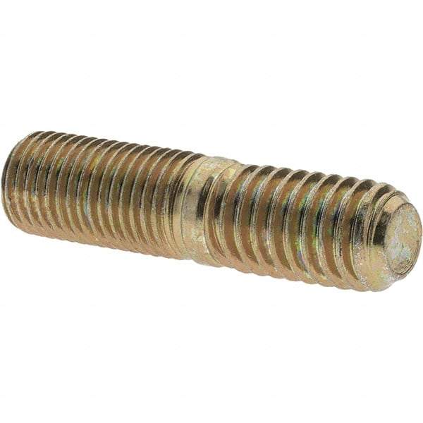 Value Collection - 7/16-20 Long Thread, 7/16-14 Short Thread, 1-3/4" OAL Unequal Double Threaded Stud - Alloy Steel, Zinc Yellow Dichromate Finish, 7/8" Long Thread Length, 3/4" Short Thread Length - Top Tool & Supply