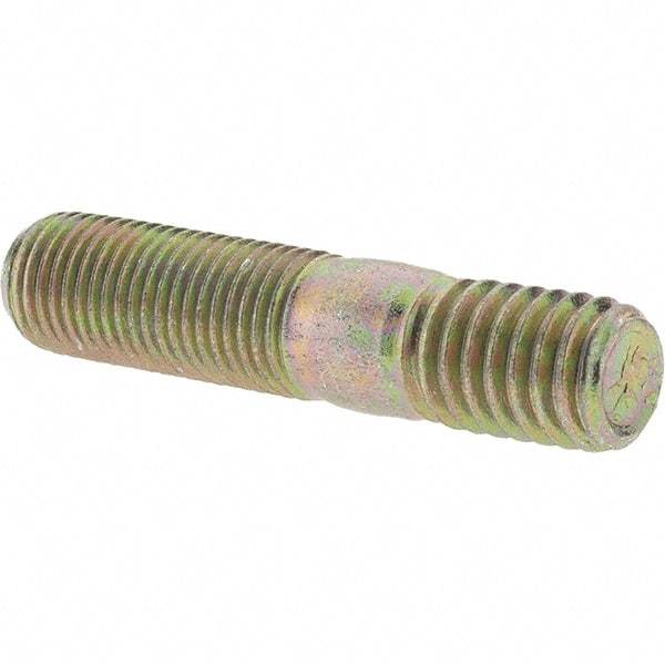 Value Collection - 3/8-24 Long Thread, 3/8-16 Short Thread, 1-3/4" OAL Unequal Double Threaded Stud - Alloy Steel, Zinc Yellow Dichromate Finish, 1" Long Thread Length, 9/16" Short Thread Length - Top Tool & Supply