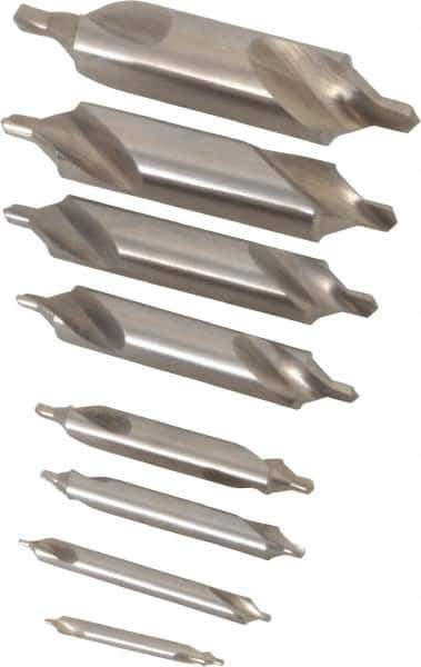 Chicago-Latrobe - 8 Piece, #11 to 18, 1/8 to 3/4" Body Diam, 3/64 to 1/4" Point Diam, Bell Edge, High Speed Steel Combo Drill & Countersink Set - 60° Incl Angle, 1/8 to 3-1/2" OAL, Double End, 217B Series Compatibility - Top Tool & Supply