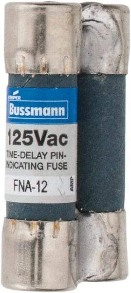 Cooper Bussmann - 125 VAC, 12 Amp, Time Delay Pin Indicator Fuse - Fuse Holder Mount, 1-1/2" OAL, 10 at AC kA Rating, 13/32" Diam - Top Tool & Supply