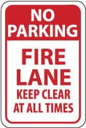 NMC - "No Parking - Fire Lane - Keep Clear at All Times", 12" Wide x 18" High, Aluminum Fire Lane Signs - 0.063" Thick, Red on White, Rectangle, Post Mount - Top Tool & Supply