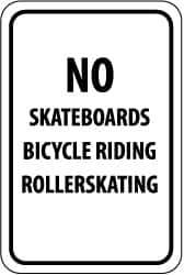 NMC - "No Skateboards Bicycle Riding Rollerskating", 12" Wide x 18" High, Aluminum Parking Lot Traffic Signs - 0.063" Thick, Black on White, Rectangle, Post Mount - Top Tool & Supply