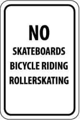 NMC - "No Skateboards Bicycle Riding Rollerskating", 12" Wide x 18" High, Aluminum Parking Lot Traffic Signs - 0.063" Thick, Black on White, Rectangle, Post Mount - Top Tool & Supply