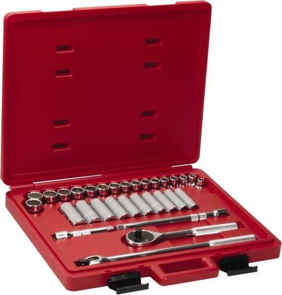 Proto - 31 Piece 1/2" Drive Chrome Finish Deep Well Socket Set - 12 Points, 10mm to 26mm Range, Metric Measurement Standard - Top Tool & Supply