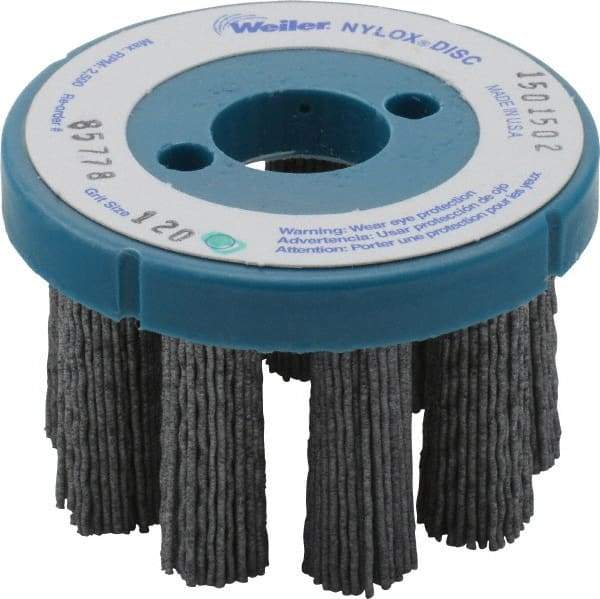 Weiler - 3" 120 Grit Silicon Carbide Crimped Disc Brush - Fine Grade, Plain Hole Connector, 1-1/2" Trim Length, 7/8" Arbor Hole - Top Tool & Supply