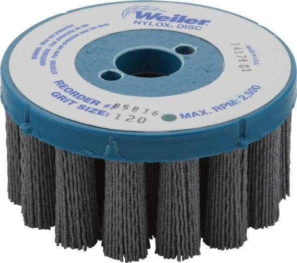 Weiler - 4" 120 Grit Silicon Carbide Crimped Disc Brush - Fine Grade, Plain Hole Connector, 1-1/2" Trim Length, 7/8" Arbor Hole - Top Tool & Supply