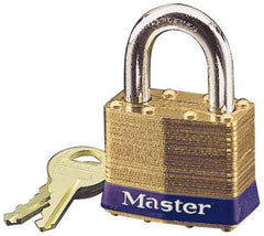 Master Lock - 15/16" Shackle Clearance, Keyed Different Laminated Brass Padlock - 5/16" Shackle Diam, Brass - Top Tool & Supply