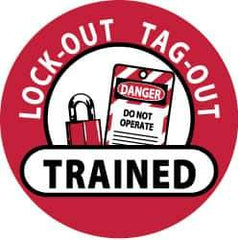 NMC - Lock-Out Tag-Out Trained, Hard Hat Label - Black & White on Red, 2" Thick, For Accident Prevention - Top Tool & Supply