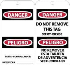 NMC - 3" High x 6" Long, DANGER - SIGNED BY___, English & Spanish Safety & Facility Accident Prevention Tag - Tag Header: Danger, 2 Sides, Black, Red & White Unrippable Vinyl - Top Tool & Supply