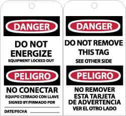 NMC - 3" High x 6" Long, DANGER - DO NOT ENERGIZE, English & Spanish Safety & Facility Accident Prevention Tag - Tag Header: Danger, 2 Sides, Black, Red & White Unrippable Vinyl - Top Tool & Supply