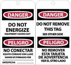 NMC - 3" High x 6" Long, DANGER - DO NOT ENERGIZE, English & Spanish Safety & Facility Accident Prevention Tag - Tag Header: Danger, 2 Sides, Black, Red & White Unrippable Vinyl - Top Tool & Supply