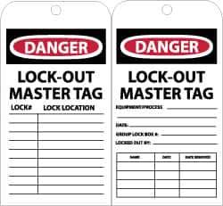 NMC - 3" High x 6" Long, DANGER - LOCKOUT MASTER TAG, English Safety & Facility Accident Prevention Tag - Tag Header: Danger, 2 Sides, Black, Red & White Unrippable Vinyl - Top Tool & Supply