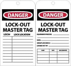 NMC - 3" High x 6" Long, DANGER - LOCKOUT MASTER TAG, English Safety & Facility Accident Prevention Tag - Tag Header: Danger, 2 Sides, Black, Red & White Unrippable Vinyl - Top Tool & Supply