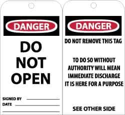 NMC - 3" High x 6" Long, DANGER - DO NOT OPEN, English Safety & Facility Accident Prevention Tag - Tag Header: Danger, 2 Sides, Black, Red & White Unrippable Vinyl - Top Tool & Supply