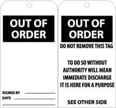 NMC - 3" High x 6" Long, OUT OF ORDER, English Safety & Facility Accident Prevention Tag - Tag Header: Danger, 2 Sides, Black & White Unrippable Vinyl - Top Tool & Supply