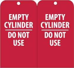 NMC - 3" High x 6" Long, EMPTY CYLINDER-DO NOT USE, English Safety & Facility Accident Prevention Tag - Tag Header: Danger, 2 Sides, Red & White Unrippable Vinyl - Top Tool & Supply