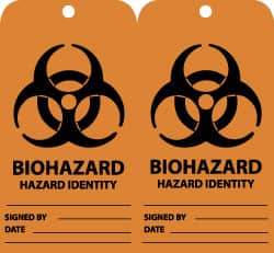 NMC - 3" High x 6" Long, BIOHAZARD - HAZARD IDENTITY, English Safety & Facility Accident Prevention Tag - Tag Header: Warning, 2 Sides, Black & Orange Unrippable Vinyl - Top Tool & Supply