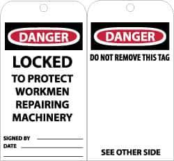 NMC - 3" High x 6" Long, DANGER - LOCKED TO PROJECT WORKMEN REPAIRING MACHINERY, English Safety & Facility Accident Prevention Tag - Tag Header: Danger, 2 Sides, Black, Red & White Unrippable Vinyl - Top Tool & Supply