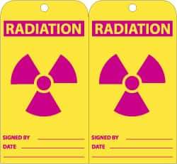 NMC - 3" High x 6" Long, RADIATION, English Safety & Facility Accident Prevention Tag - Tag Header: Warning, 2 Sides, Yellow & Red Unrippable Vinyl - Top Tool & Supply