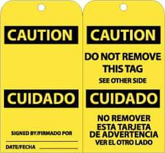 NMC - 3" High x 6" Long, CAUTION, English & Spanish Safety & Facility Accident Prevention Tag - Tag Header: CAUTION, 2 Sides, Black & Yellow Unrippable Vinyl - Top Tool & Supply