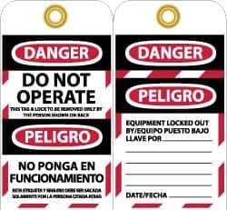 NMC - 3" High x 6" Long, DANGER - DO NOT OPERATE - THIS TAG & LOCK TO BE REMOVED ONLY BY THE PERSON SHOWN ON BACK, English & Spanish Safety & Facility Lockout Tag - Tag Header: Danger, 2 Sides, Black, Red & White Unrippable Vinyl - Top Tool & Supply