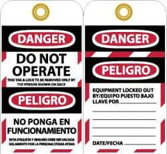 NMC - 3" High x 6" Long, DANGER - DO NOT OPERATE - THIS TAG & LOCK TO BE REMOVED ONLY BY THE PERSON SHOWN ON BACK, English & Spanish Safety & Facility Lockout Tag - Tag Header: Danger, 2 Sides, Black, Red & White Unrippable Vinyl - Top Tool & Supply