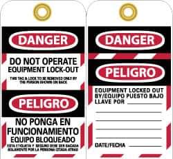 NMC - 3" High x 6" Long, DANGER - DO NOT OPERATE - EQUIPMENT LOCK-OUT - THIS TAG & LOCK TO BE REMOVED ONLY BY THE PERSON SHOWN ON BACK, English & Spanish Safety & Facility Lockout Tag - Tag Header: Danger, 2 Sides, Black, Red & White Unrippable Vinyl - Top Tool & Supply