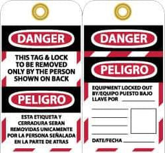 NMC - 3" High x 6" Long, DANGER - THIS TAG & LOCK TO BE REMOVED ONLY BY THE PERSON SHOWN ON BACK, English & Spanish Safety & Facility Lockout Tag - Tag Header: Danger, 2 Sides, Black, Red & White Unrippable Vinyl - Top Tool & Supply