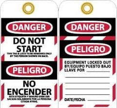 NMC - 3" High x 6" Long, DANGER - DO NOT START - THIS TAG & LOCK TO BE REMOVED ONLY BY THE PERSON SHOWN ON BACK, English & Spanish Safety & Facility Lockout Tag - Tag Header: Danger, 2 Sides, Black, Red & White Unrippable Vinyl - Top Tool & Supply