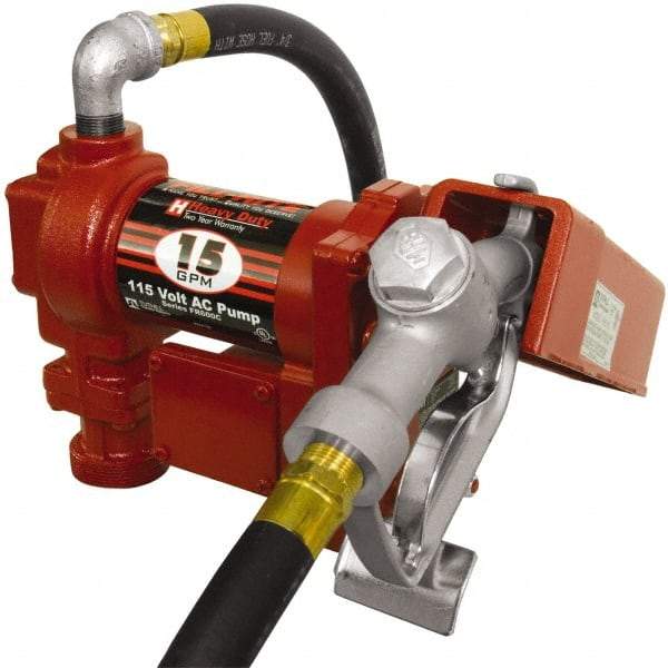 Tuthill - 15 GPM, 3/4" Hose Diam, AC Tank Pump with Manual Nozzle - 1" Inlet, 3/4" Outlet, 115 Volts, 12' Hose Length, 1/4 hp - Top Tool & Supply