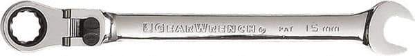 GearWrench - 15mm 12 Point Flexhead Combination Wrench - 9" OAL, Steel, Full Polish Finish - Top Tool & Supply