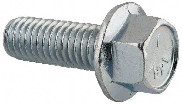 Value Collection - 7/16-14 UNC, 1-1/4" Length Under Head, Hex Drive Flange Bolt - 1-1/4" Thread Length, Grade 5 Steel, Serrated Flange, Zinc-Plated Finish - Top Tool & Supply