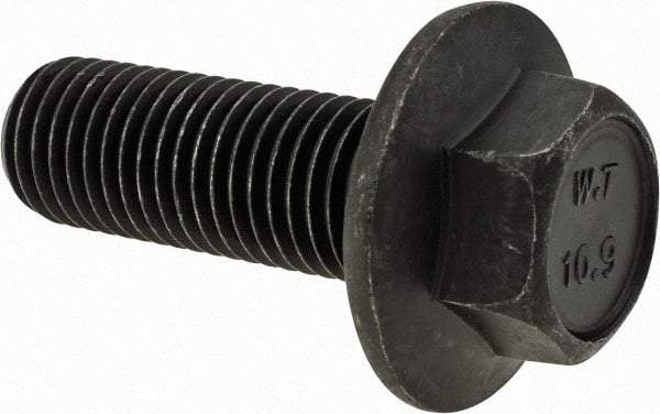 Value Collection - M16x2.00 Metric Coarse, 45mm Length Under Head, Hex Drive Flange Bolt - 45mm Thread Length, Grade 10.9 Alloy Steel, Smooth Flange, Phosphate & Oil Finish - Top Tool & Supply