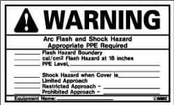 NMC - Accident Prevention Label, Header: WARNING - Legend: Warning - Arc Flash and Shock Hazard - Appropriate PPE Required, English, Black & Orange, 5" Long x 3" High, Sign Muscle Finish - Top Tool & Supply