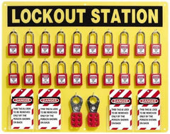 NMC - Equipped Acrylic Tag and Padlock / Hasp Station - 24 Inch Wide x 19 Inch High, Black on Yellow - Top Tool & Supply