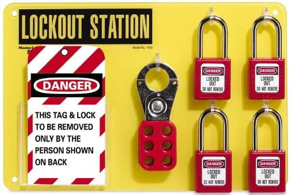 NMC - Equipped Acrylic Tag and Padlock / Hasp Station - 12 Inch Wide x 8 Inch High, Black on Yellow - Top Tool & Supply